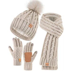Fleece Lined Winter Beanie Scarf Gloves Set Touchscreen Warm